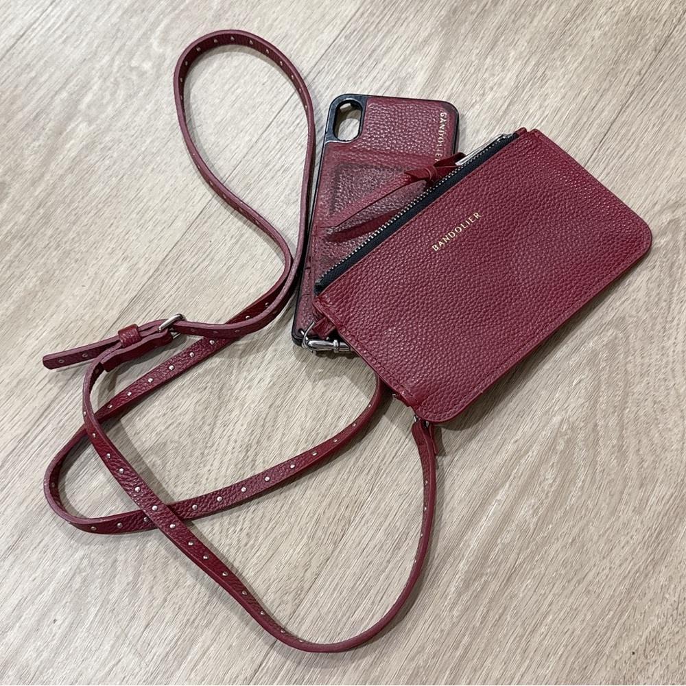 Bandolier leather Burgundy Crossbody case with pouch and straps iPhone X XS